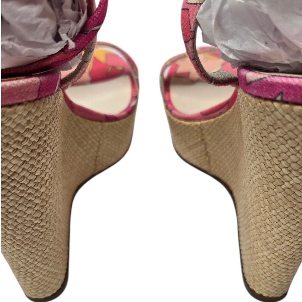 Emilio Pucci Y2K Raffia Espadrille Wedge Sandals 38 Pink Abstract Italy Tie Heel - Picture 12 of 16